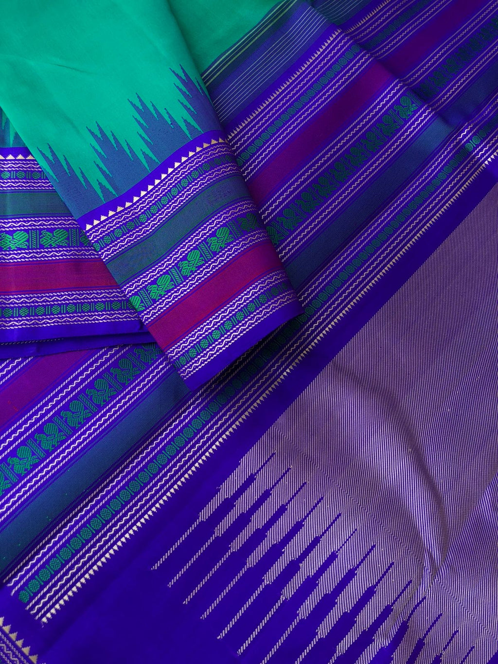 Sahasra - Stunning No Zari Kanchivarams - stunning unusual mint green and blue with intricate woven borders