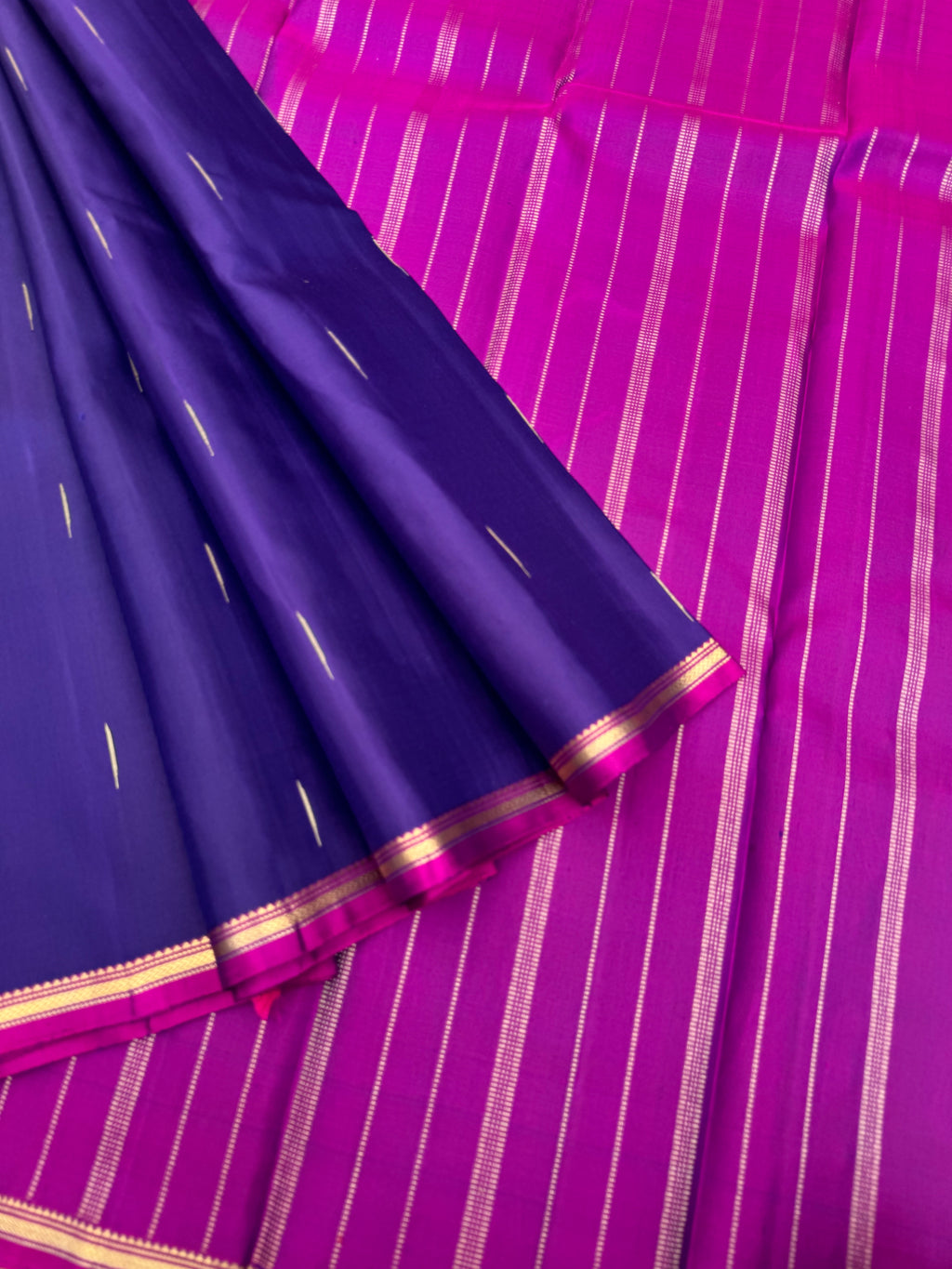 Diwali Edits - Kanchivaram For All Occasions - deep dark ink blue and majentha with very tiny border with rain drop woven buttas