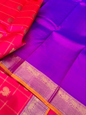 Roja - shades of red orange pink Kanchivarams - stunning pink and violet mayil chackaram