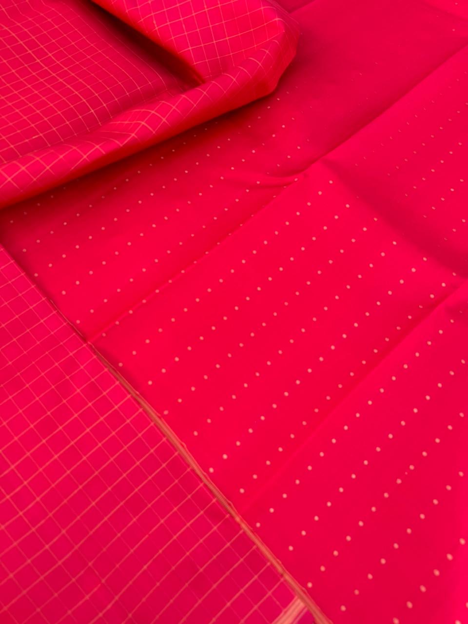 Uniquely Woven Kanchivarams - stunning red muthu kattam with unusual woven longa pallu