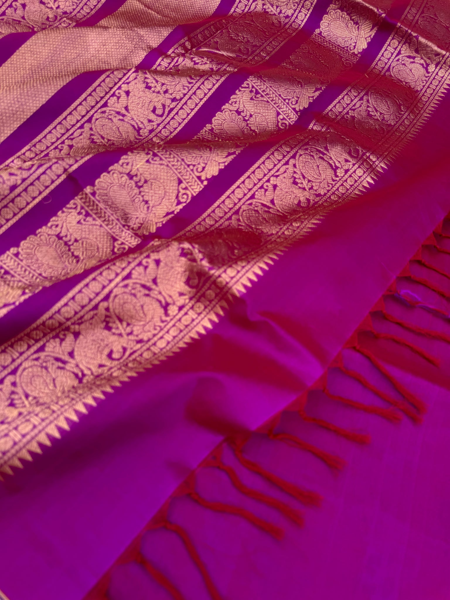 Zari Kissed Silk Cotton - a stunning red short purple grandest corner buttas