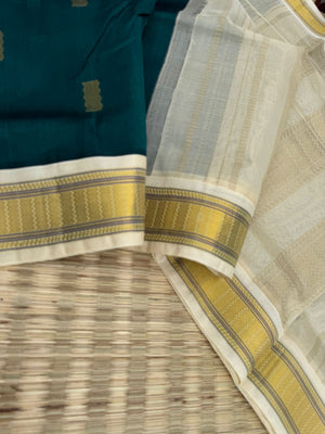 Korvai Silk Cottons - unusual dark Rama green and off white with body woven buttas