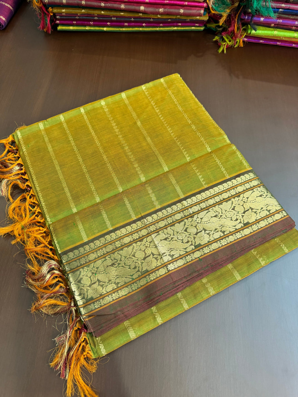 Vertical Veldhari on Zari Kissed Silk Cotton - mustard mixed green