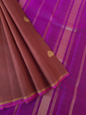 Molten Metallic Kanchivaram - Limited Edition | earthy brown and majentha borderless Kanchivaram with majenta buttas woven blouse