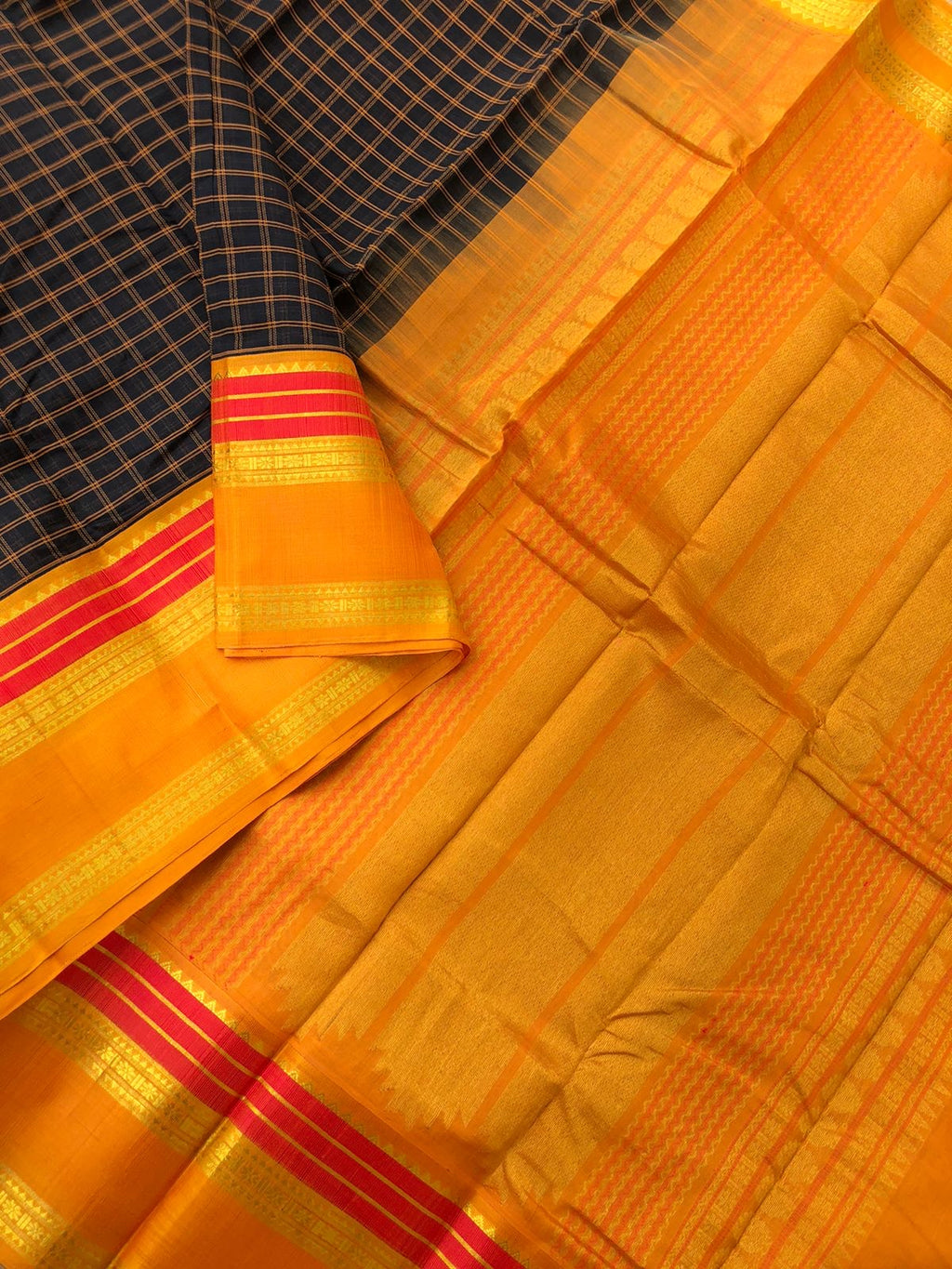 Divyam - Korvai Silk Cotton with Pure Silk Woven Borders - black and mustard chex is soo traditional
