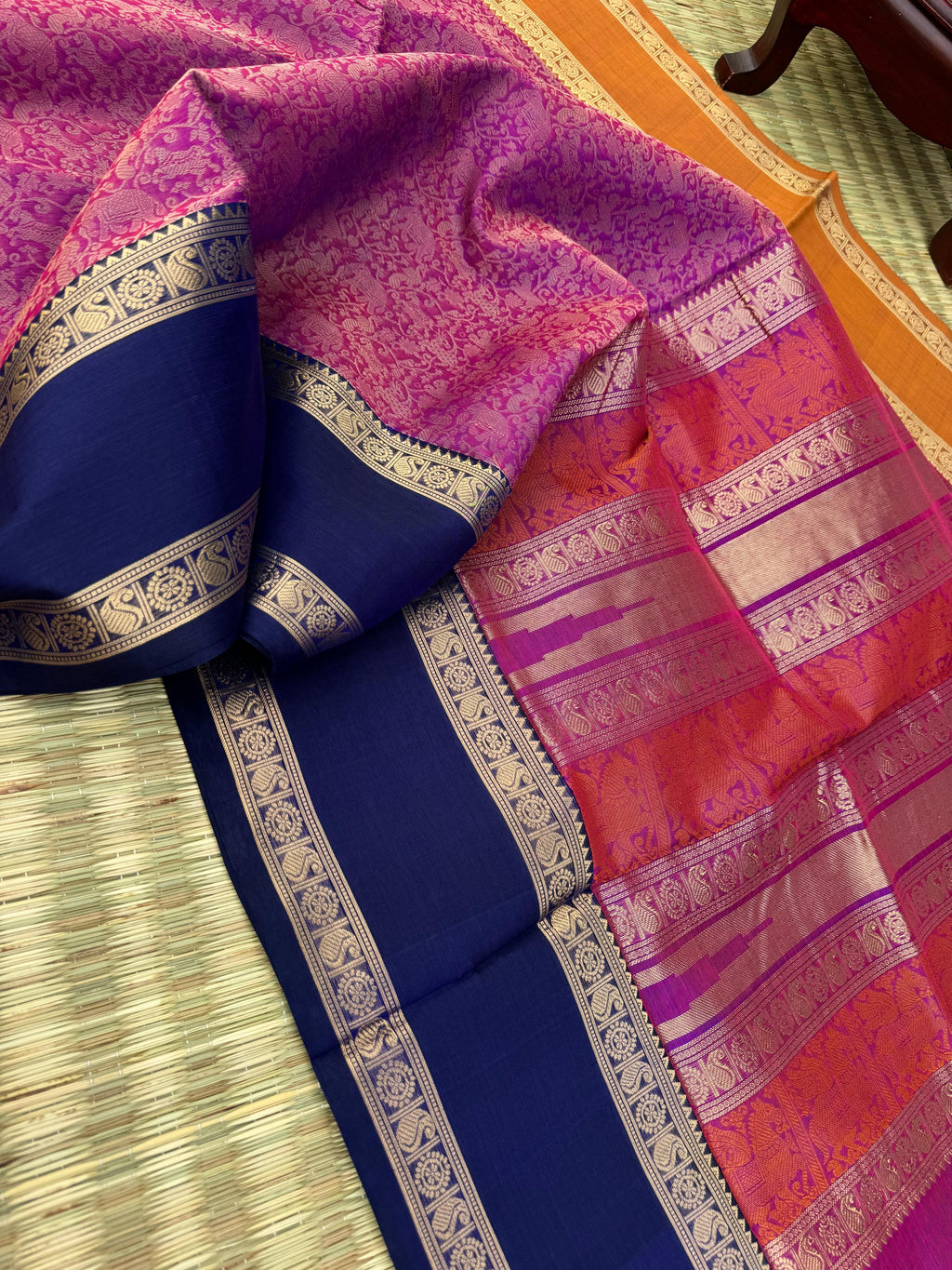 Woven Motifs Silk Cotton - purple vanasingaram with Ganga jammuna woven borders