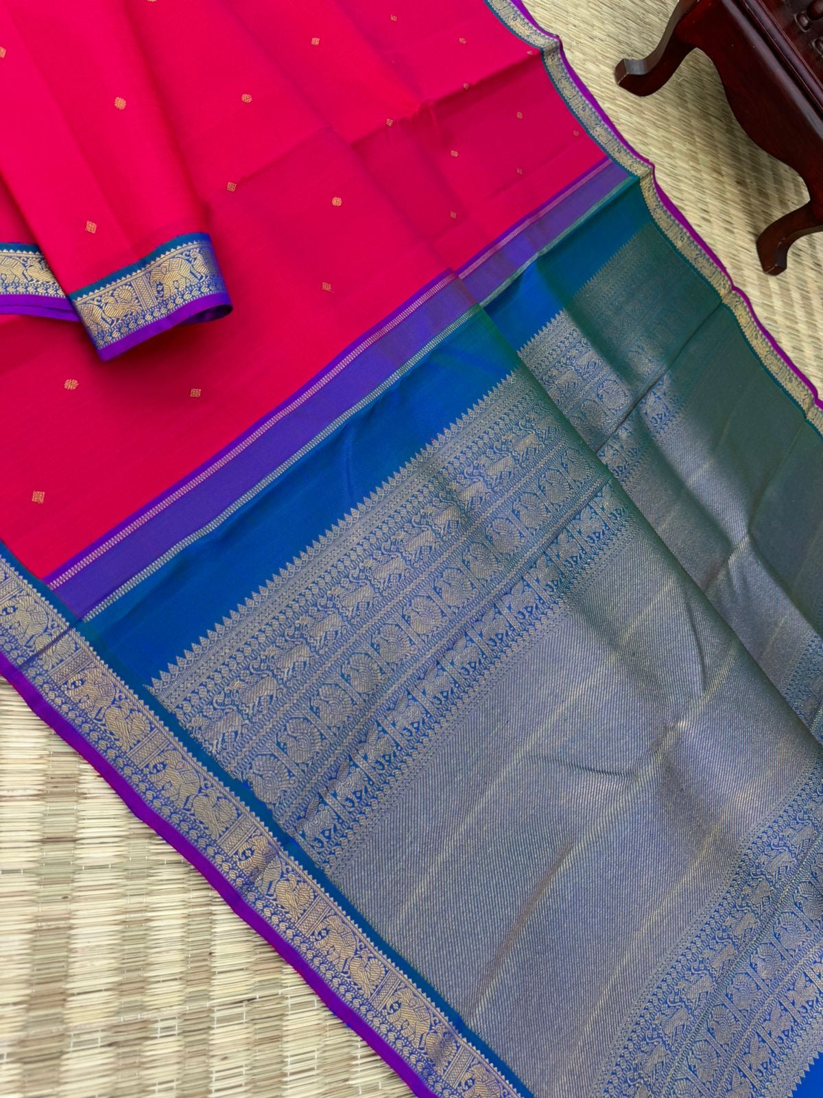 Kamakshi - Heirloom Korvai Kanchivaram - most beautiful red pink with peacock blue green pallu and blouse for people who love small borders