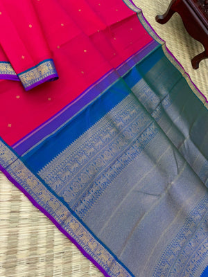 Kamakshi - Heirloom Korvai Kanchivaram - most beautiful red pink with peacock blue green pallu and blouse for people who love small borders