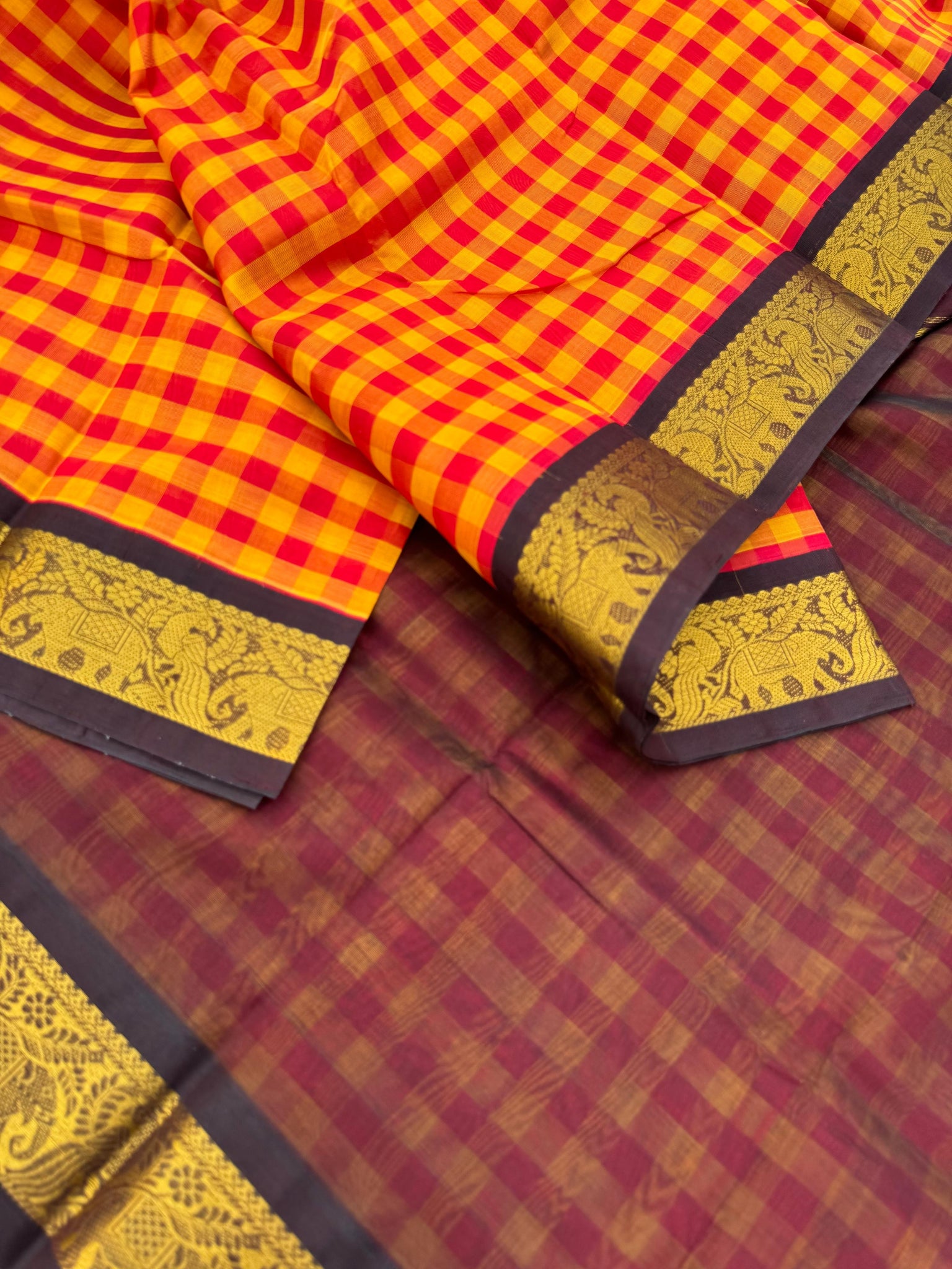 Korvai Silk Cottons -mustard and red chex with maroon pallu and blouse