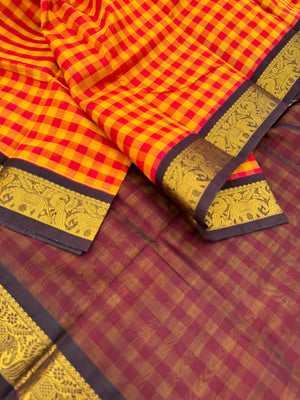 Korvai Silk Cottons -mustard and red chex with maroon pallu and blouse
