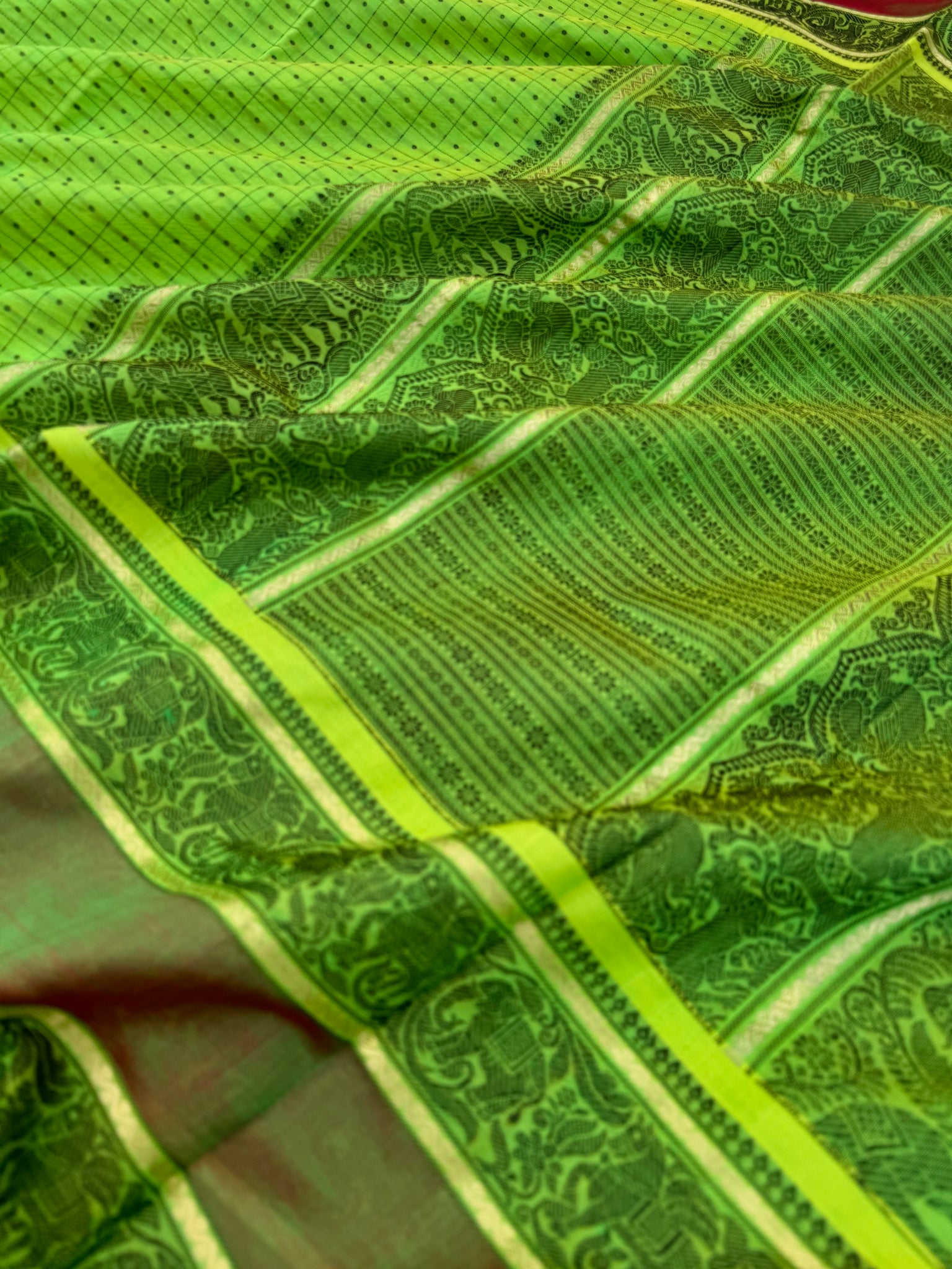 Woven Motifs Silk Cotton - fluorescent green lakshadeepam