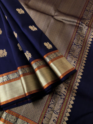 Woven from Memories - Stunning No Zari Kanchivarams - deepest navy blue with beautiful annapakshi woven buttas
