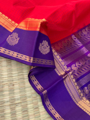 Korvai Silk Cotton - deep chilly red and violet border buttas and body chex