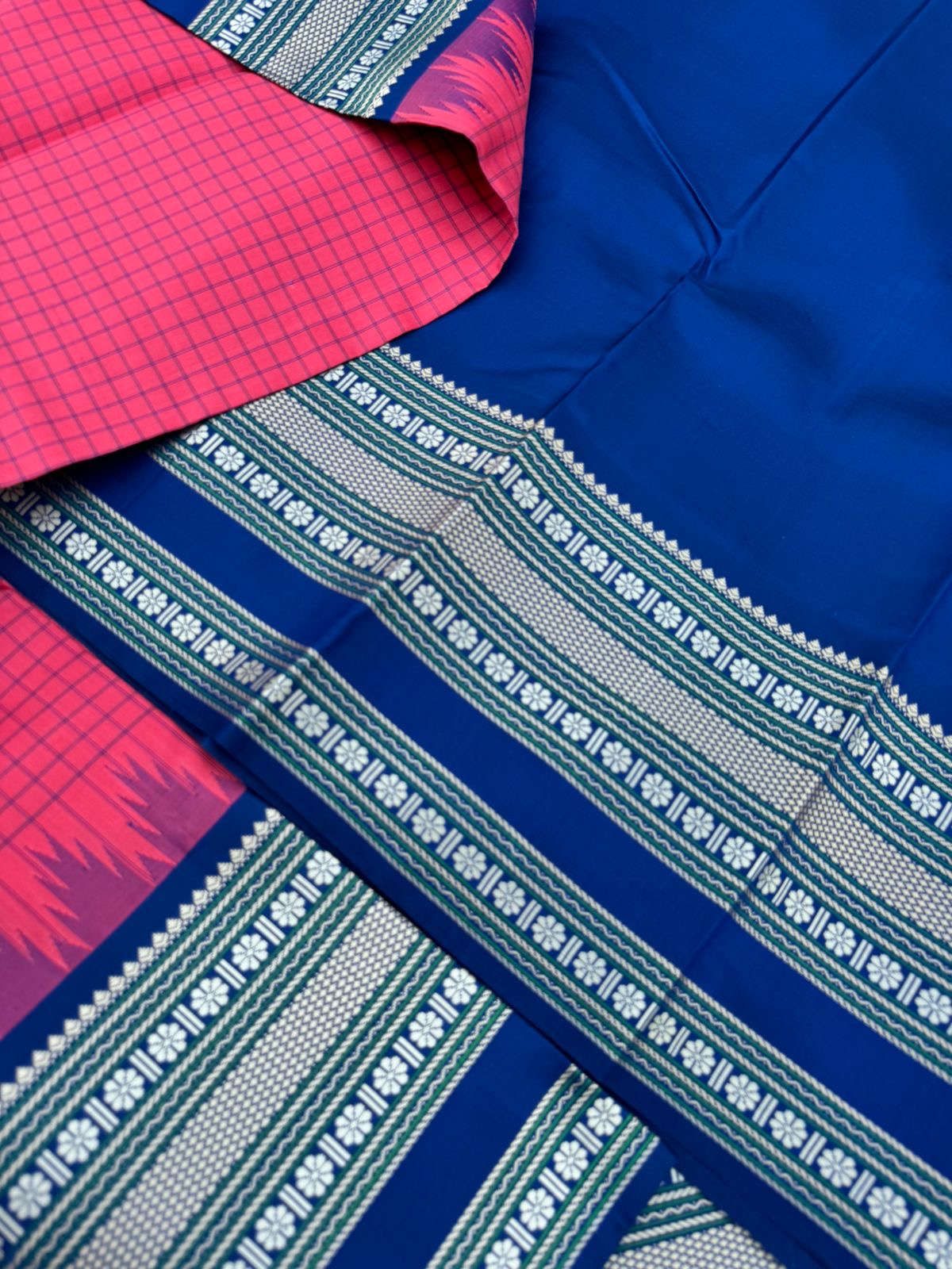 The Best of No Zari Korvai Kanchivaram - stunning pink and ink blue with gorgeous silk woven grand broad borders