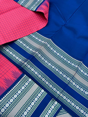 The Best of No Zari Korvai Kanchivaram - stunning pink and ink blue with gorgeous silk woven grand broad borders