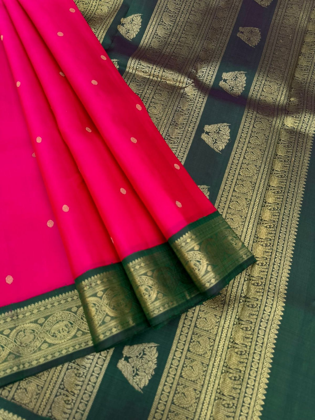 Meenakshi - Heirloom Korvai Kanchivaram - pink and Meenakshi green with elephant and annapakshi woven borders