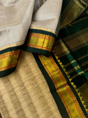 Korvai Silk Cotton - pale cement grey and deep emerald green