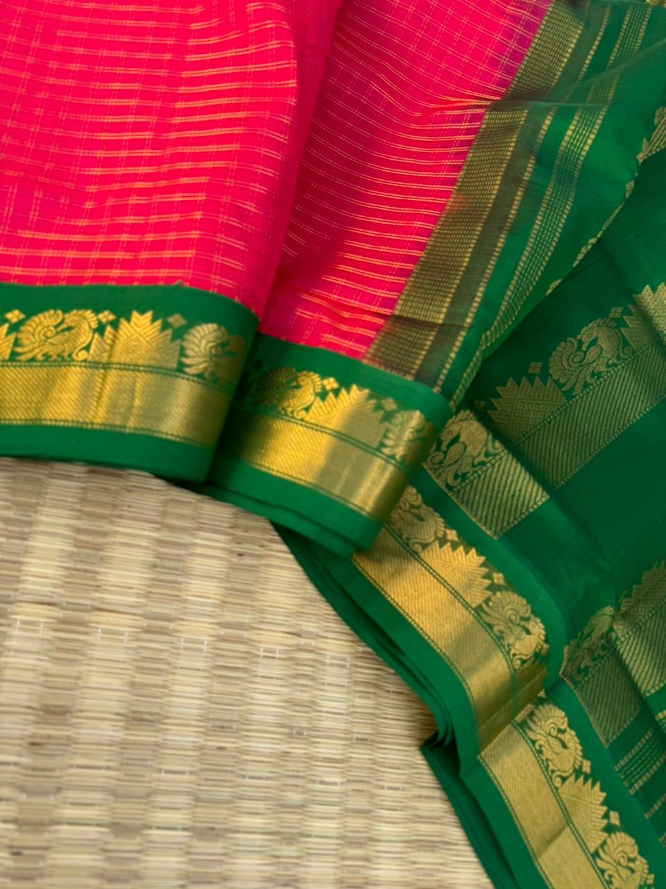 Korvai Silk Cottons -gorgeous rani pink zari kattam