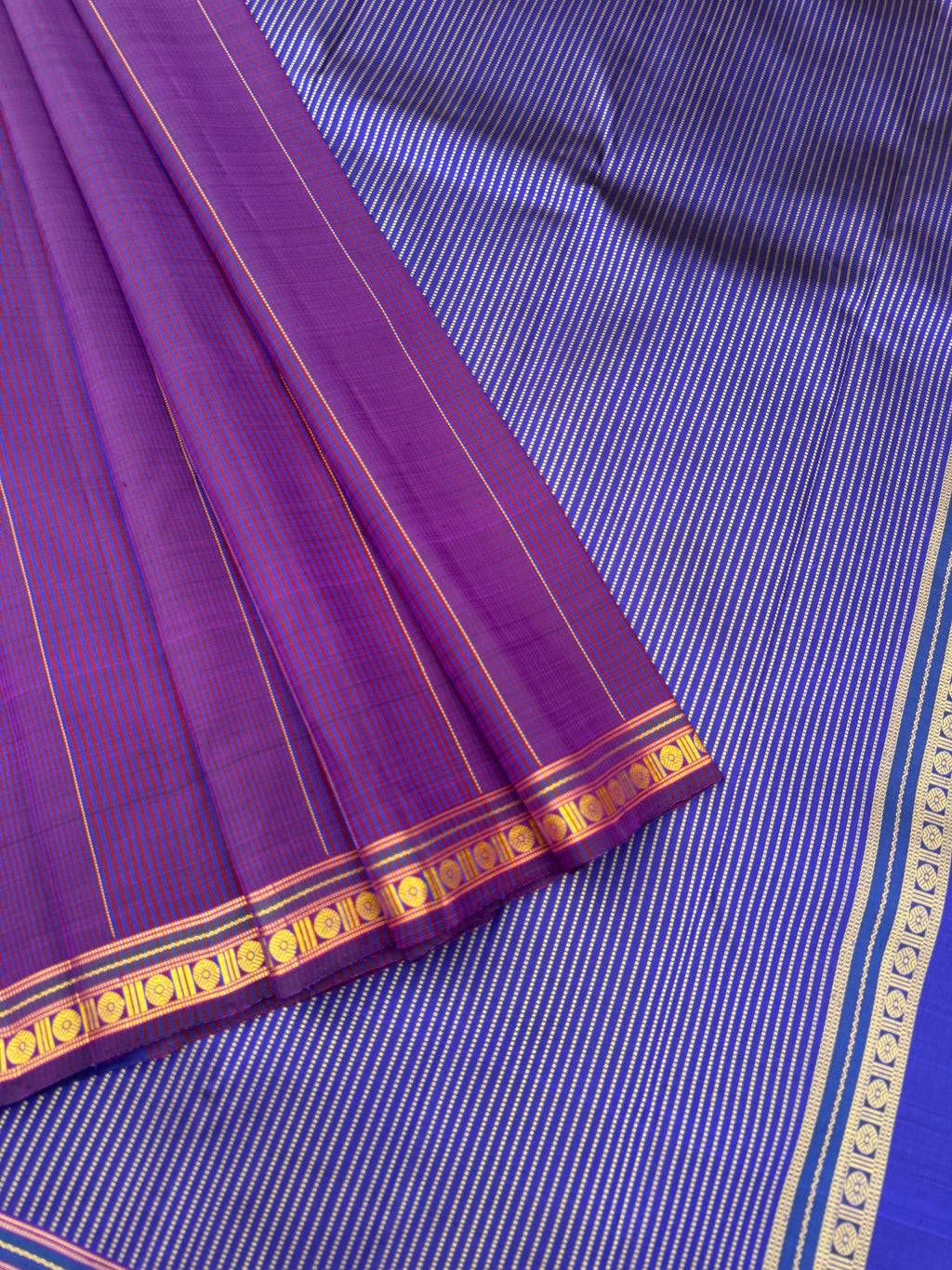 Leela - violet purple no zari small border kanchivaram with ink blue pallu and blouse