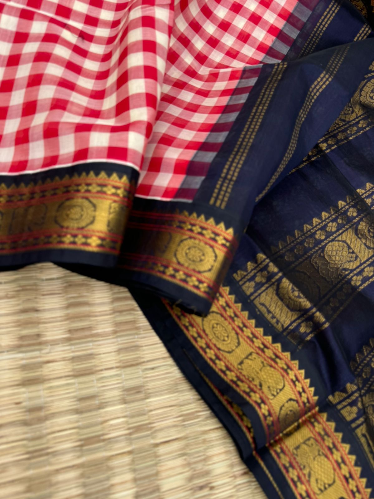 Korvai Silk Cottons - red and off white chex with navy blue pallu and blouse