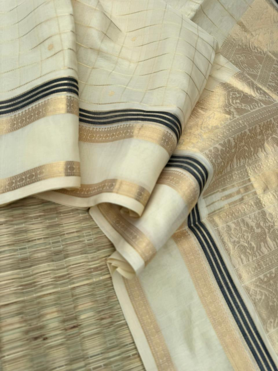 Zari Kissed Silk Cotton - off white and gold muthu kattam with buttas