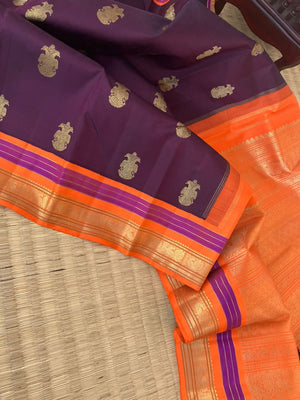 Meenakshi - Kanchivaram for Every Occasion - the most beautiful combination of betel-nut maroon and orange koravi Kanchi with irruthalaipakshi woven buttas