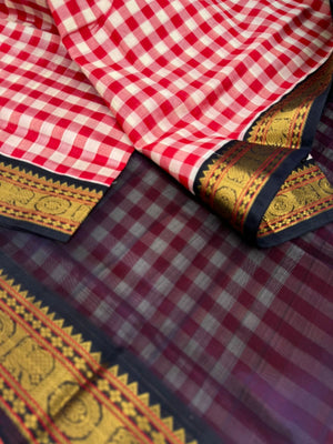 Korvai Silk Cottons - red and off white chex with navy blue pallu and blouse