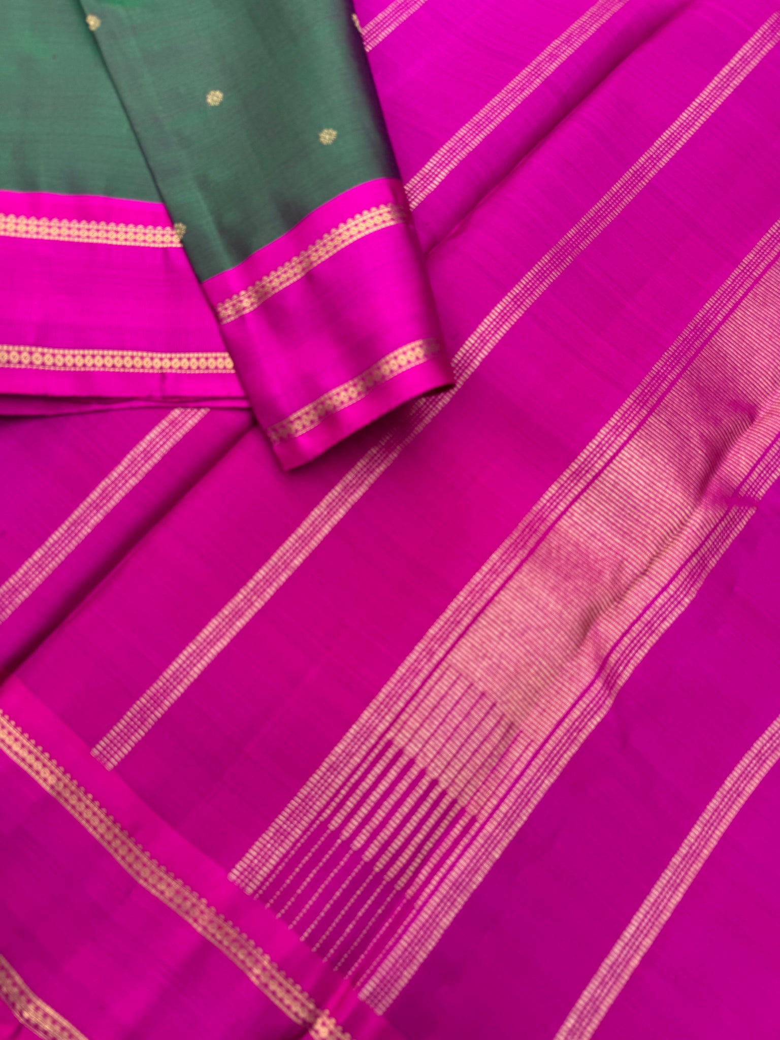 Diwali Edits - Kanchivaram For All Occasions - when deep dark green woven with rain pink we get this unique tone