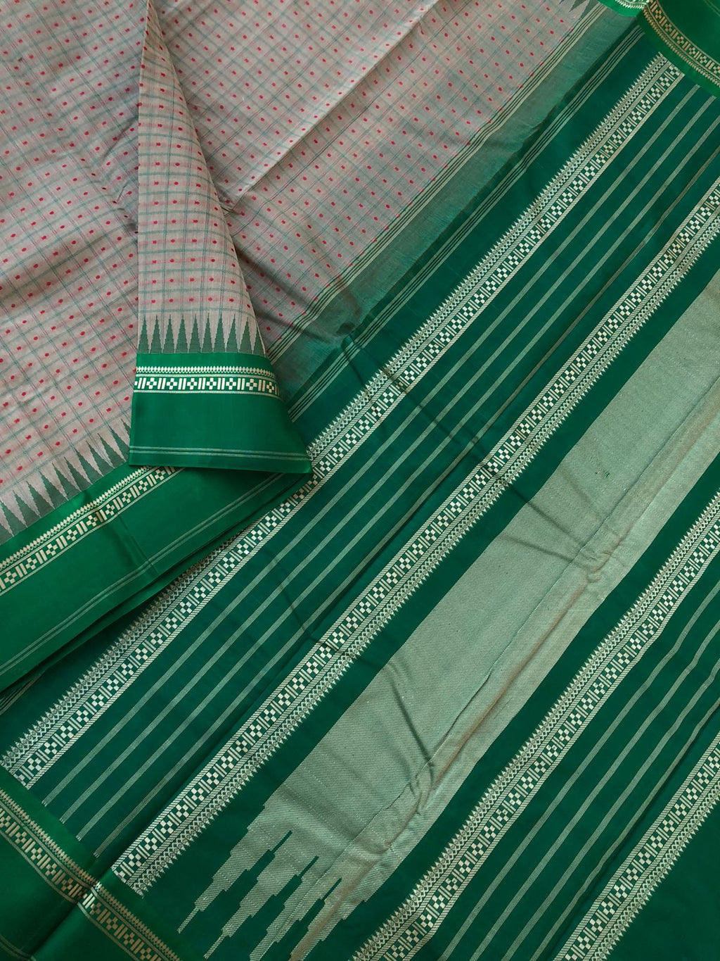 Mira - Our Exclusive Cotton body with Pure Silk Korvai Borders - stunning beige grey laksham buttas with Meenakshi green borders pallu and blouse