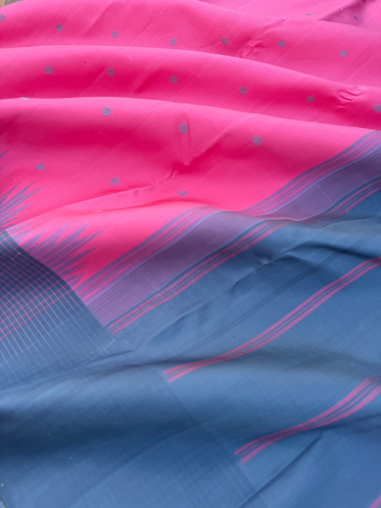 Ekatara - The Rarest Kai Korvai Kanchivarams - a stunning candy pink and bluish grey with chex borders and buttas woven body