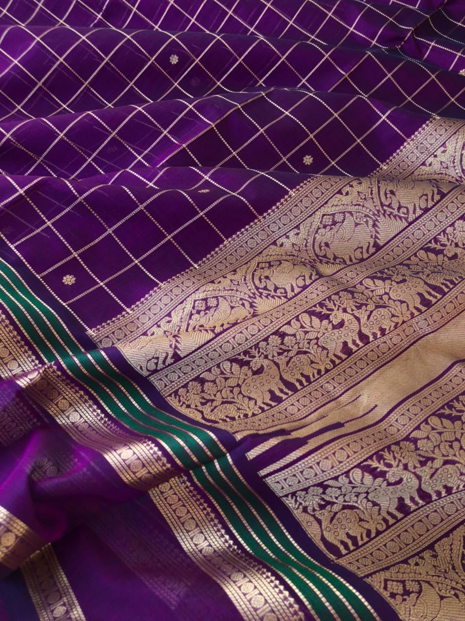 Zari Kissed Silk Cotton - deepest deep purple muthukattam with moopula woven borders