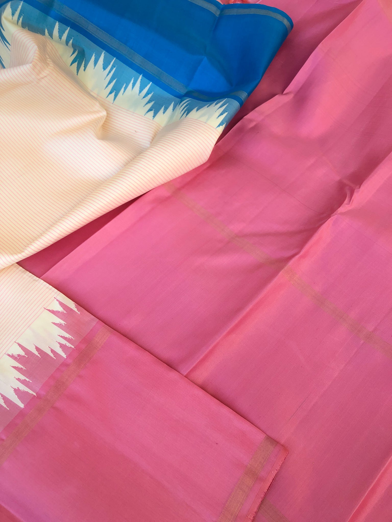 Diwaly Vibes on Korvai Kanchivaram - beautiful off white with rose pink and sulphate blue ganga jammuna woven borders