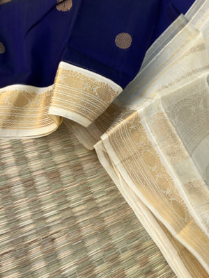 Korvai Silk Cotton - deep navy blue and off white