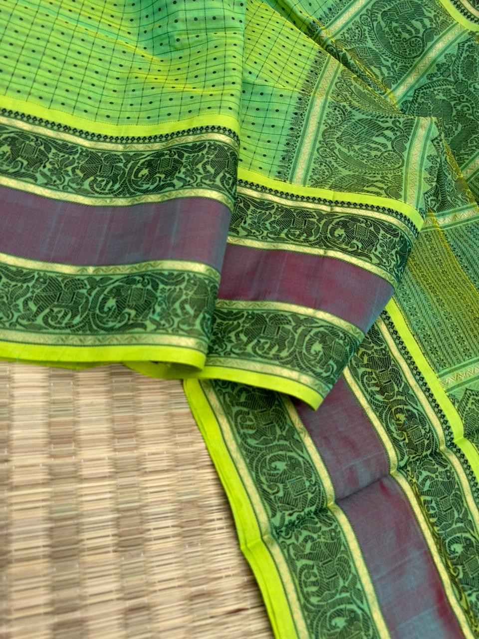 Woven Motifs Silk Cotton - pale fluorescent green lakshadeepam with broad borders
