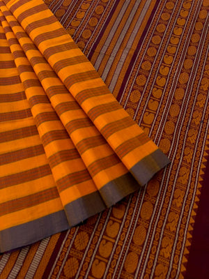 Mangalavastaram - mustard and rust horizontally woven strips