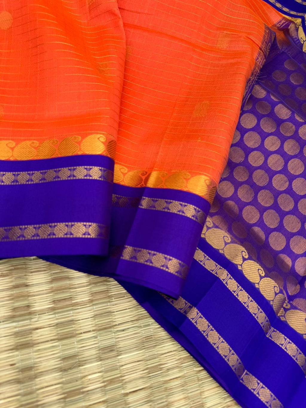 Korvai Silk Cottons -prach orange and ink blue with zari kattam buttas