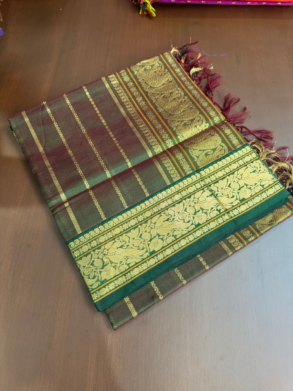 Vertical Veldhari on Zari Kissed Silk Cotton - dual tone maroon mixed green