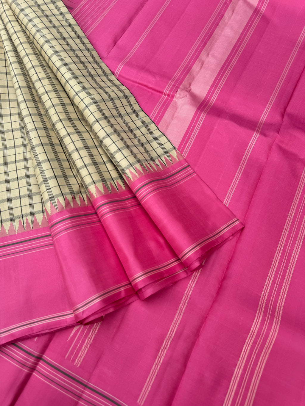Bliss of Korvai Kanchivaram - unusual professional off white and rose milk pink with chex woven body