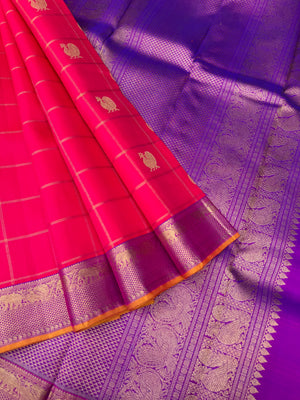 Roja - shades of red orange pink Kanchivarams - stunning pink and violet mayil chackaram