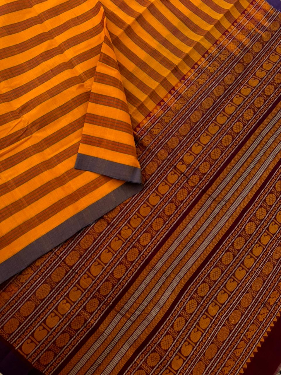 Mangalavastaram - mustard and rust horizontally woven strips