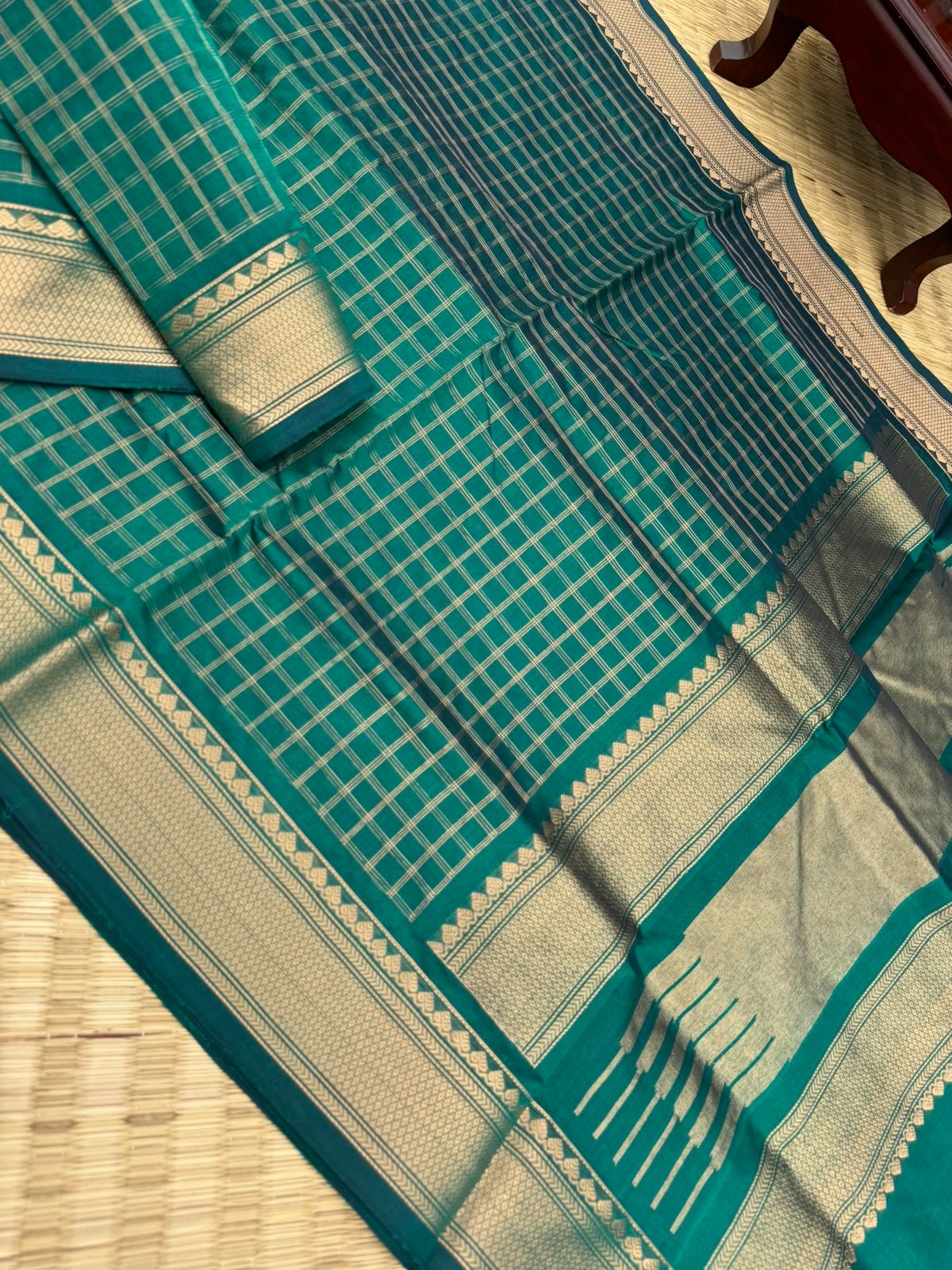 Zari Kissed Silk Cotton -dark leaf green chex silk cotton