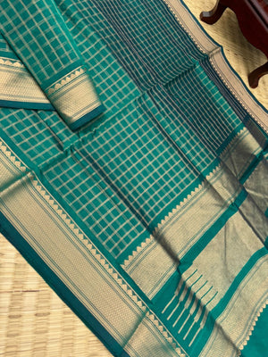 Zari Kissed Silk Cotton -dark leaf green chex silk cotton
