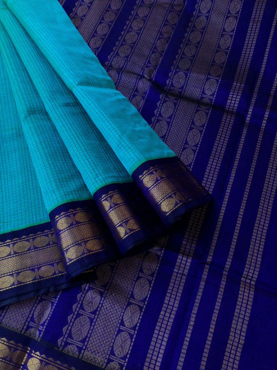 Korvai Silk Cottons - teal blue and dark ink blue Podi kattam