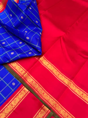 Colours of Navarathri 2025 on Kanchivarams - the best of beat blue and red Korvai Kanchivaram with chex buttas woven body