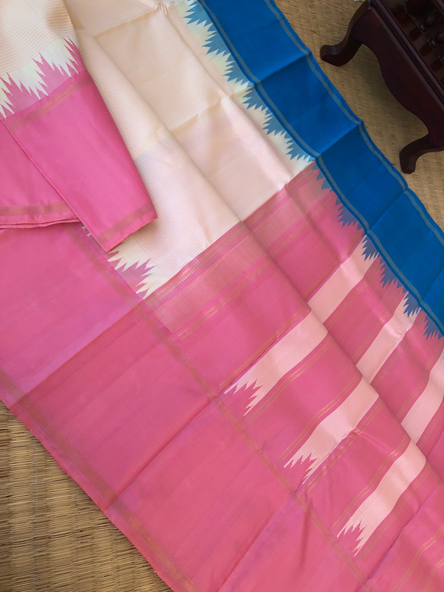 Diwaly Vibes on Korvai Kanchivaram - beautiful off white with rose pink and sulphate blue ganga jammuna woven borders