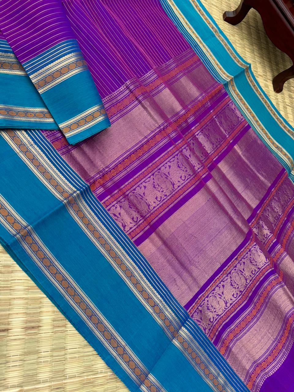 Zari Kissed Silk Cotton - deep purple and burnt blue oosi strips