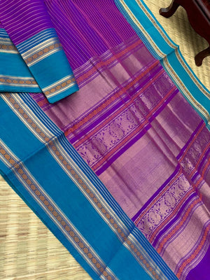 Zari Kissed Silk Cotton - deep purple and burnt blue oosi strips