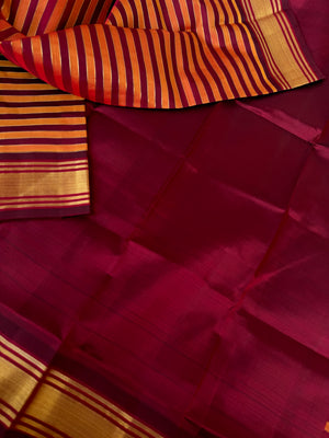 Vintage Ragas on Korvai Kanchivaram - burnt orange and aaraku strips woven body with vintage pallu
