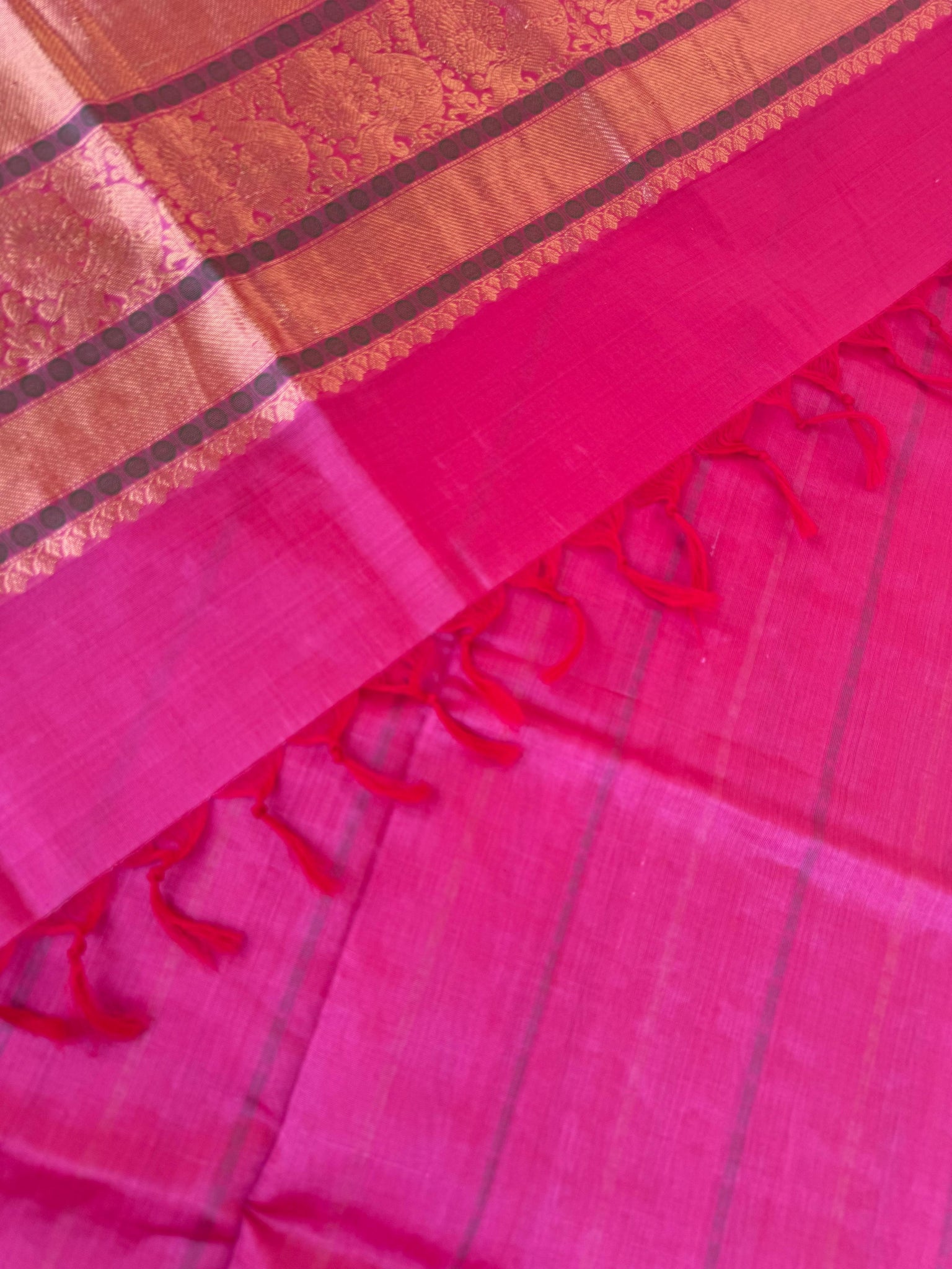 Woven Motifs Silk Cotton - when red yarn meets pink Lakshadeepam
