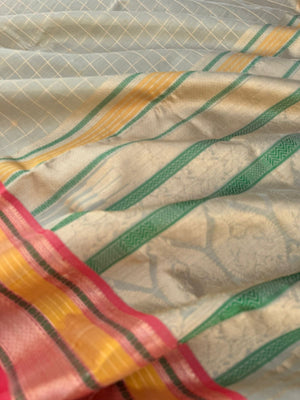 Pastels on Zari Kissed Silk Cotton - a unique unusual grey gold with different colours woven borders